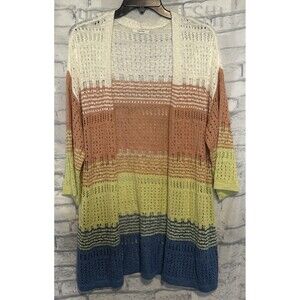 Maurices Wide Stripe Cardigan Womens S Blue Yellow Red White Open Front Crochet